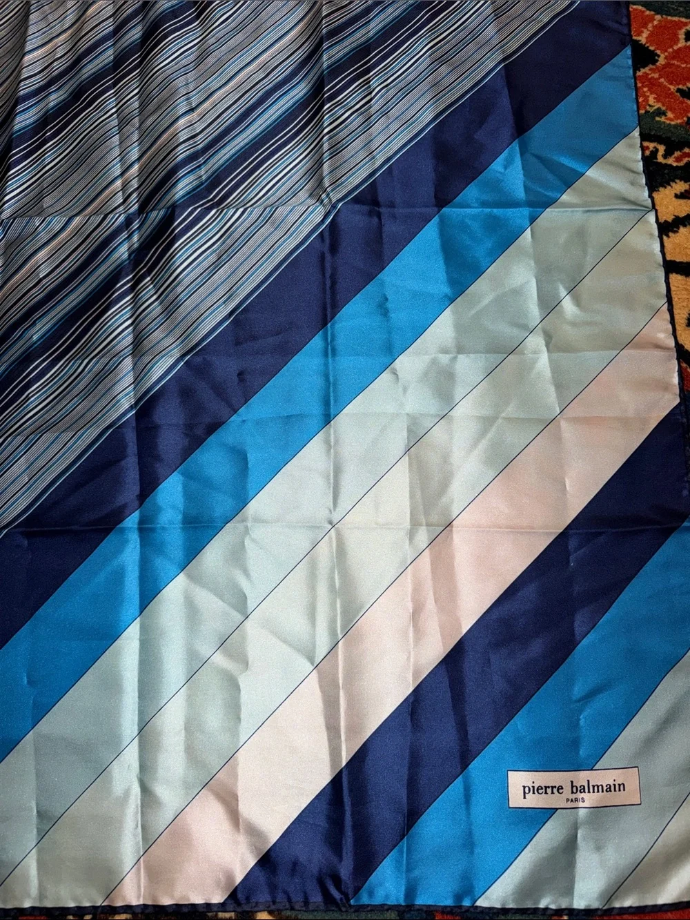 Vintage Pierre Balmain Silk Scarf Geometric Diagonal Striped Blue Cream~ 26